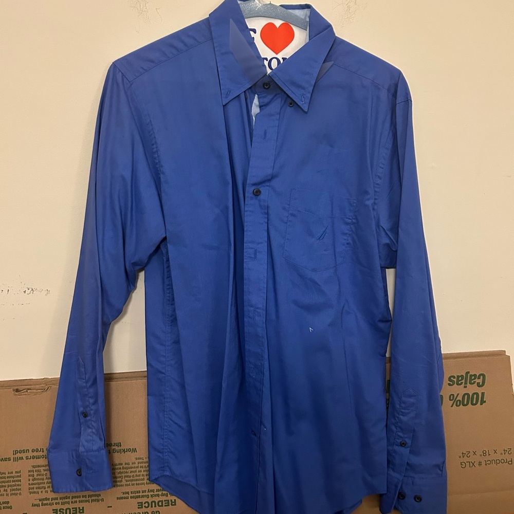 Nautica Mens Long Sleeve‎ Button Down Dress Shirt, A Bit Trimmer, Blue